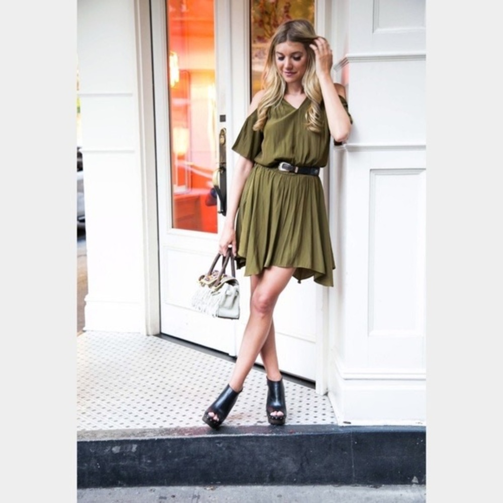 Ramy Brook Olive Cold Shoulder Handkerchief Hem Mini Dress - Picture 3 of 10